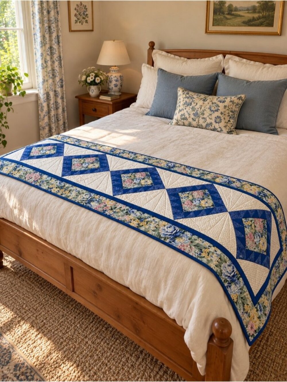 Handmade Quilted Blue Pink Floral Table Bed Runner Cottagecore Home Decor New